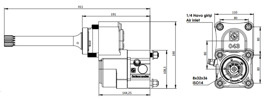 CTM 343 AC1 S PTO teknik çizimi — kesit, ölçü ve montaj şeması