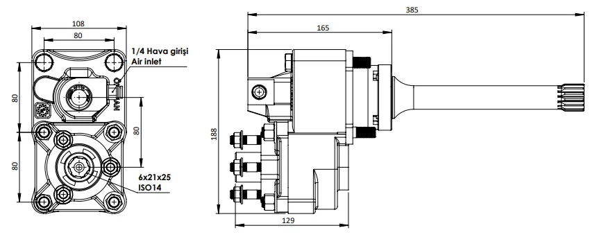 CTM 343 AC2 PTO teknik çizimi — kesit, ölçü ve montaj şeması