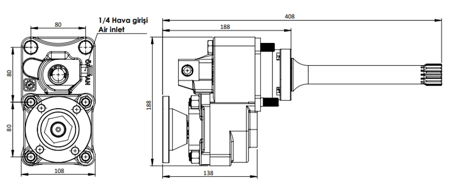 CTM 343 AD PTO teknik çizimi — kesit, ölçü ve montaj şeması