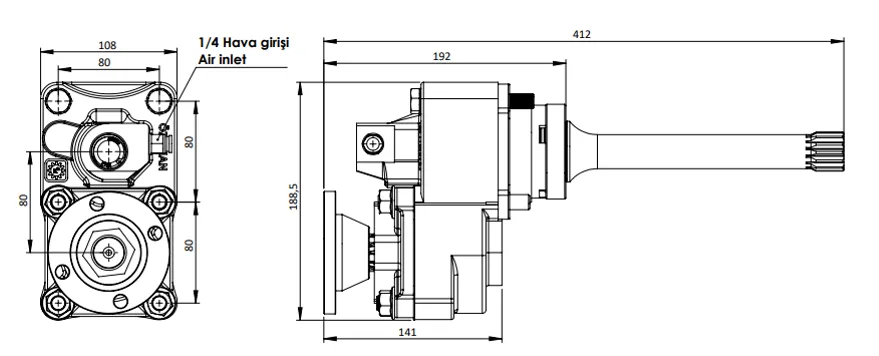 CTM 343 AD1 PTO teknik çizimi — kesit, ölçü ve montaj şeması