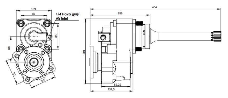 CTM 343 AD1 3X PTO teknik çizimi — kesit, ölçü ve montaj şeması