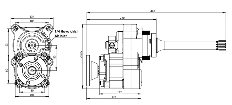 CTM 343 AD1 4X PTO teknik çizimi — kesit, ölçü ve montaj şeması