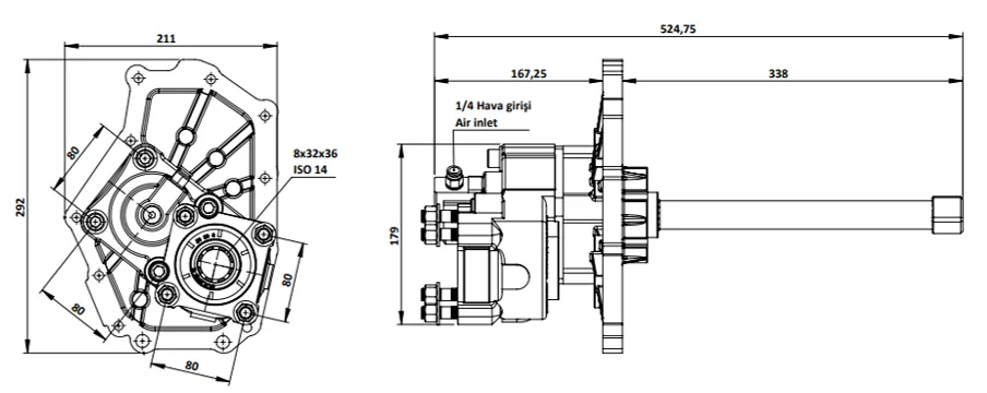 CTM 344 PTO teknik çizimi — kesit, ölçü ve montaj şeması