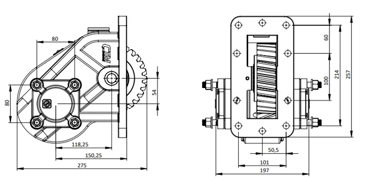 CTM 348 PTO teknik çizimi — kesit, ölçü ve montaj şeması