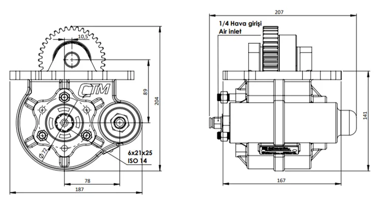 CTM 350 PTO teknik çizimi — kesit, ölçü ve montaj şeması