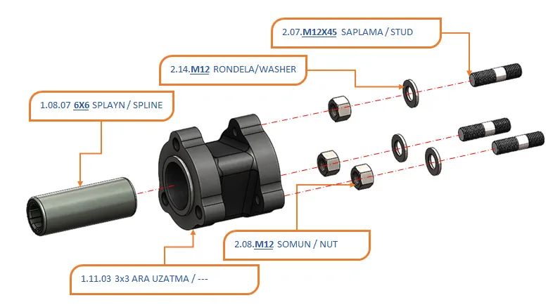 AKUPLE ARA UZATMA 3X3 teknik çizimi — kesit, ölçü ve montaj şeması