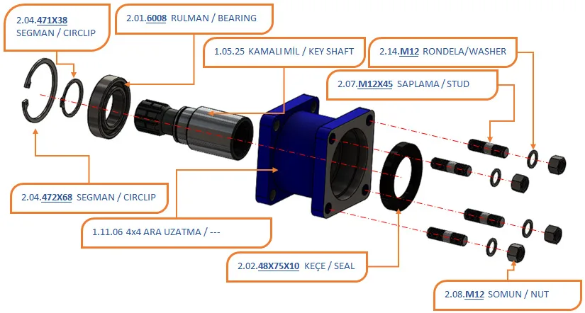 AKUPLE ARA UZATMA 4X4 KISA teknik çizimi — kesit, ölçü ve montaj şeması