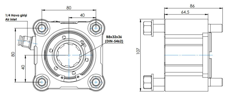 CTM 043 AC1 T PTO teknik çizimi — kesit, ölçü ve montaj şeması