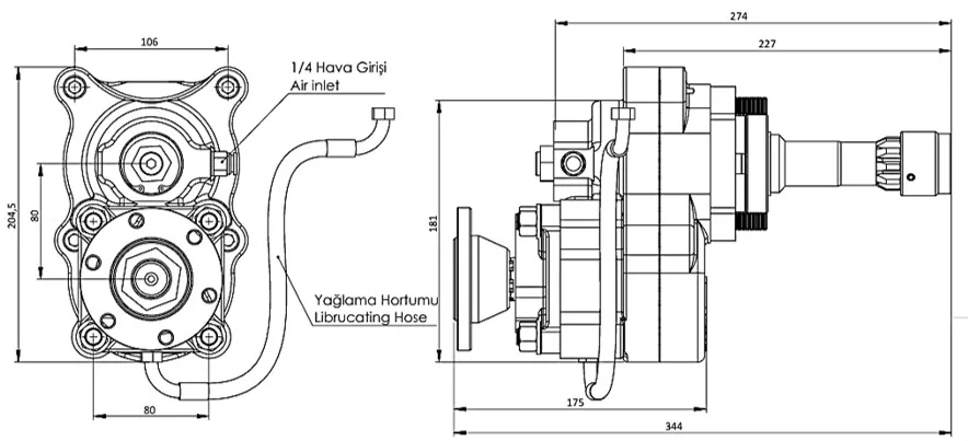 CTM 132 AD1 4X PTO teknik çizimi — kesit, ölçü ve montaj şeması
