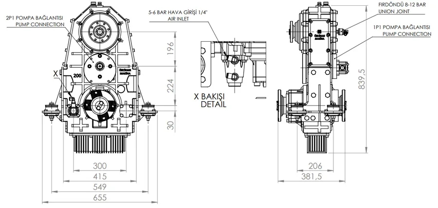 CTM 200 teknik çizimi — kesit, ölçü ve montaj şeması