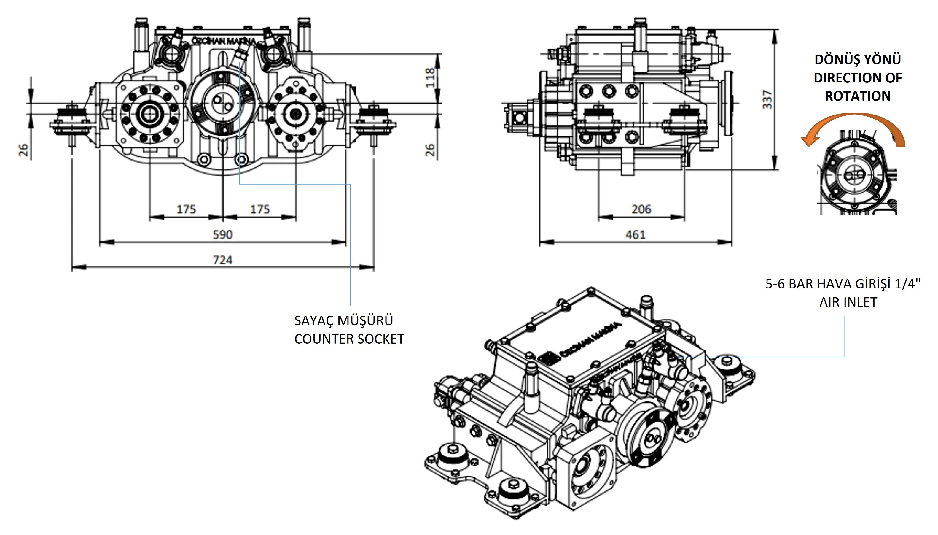 CTM 258 teknik çizimi — kesit, ölçü ve montaj şeması