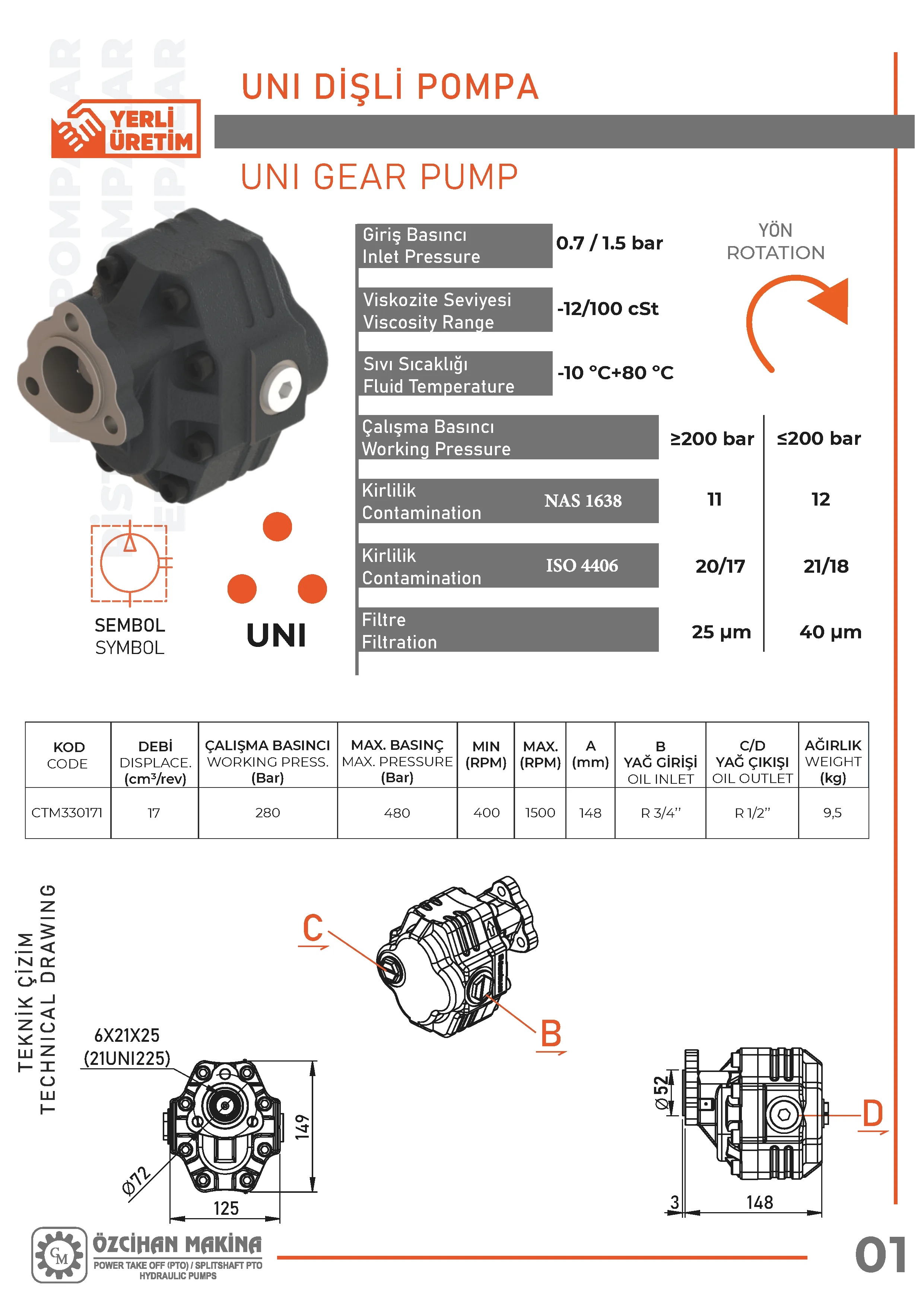 CTM330171 Döküm Gövde Dişli Pompa – 17 cm³/rev teknik çizimi — kesit, ölçü ve montaj şeması
