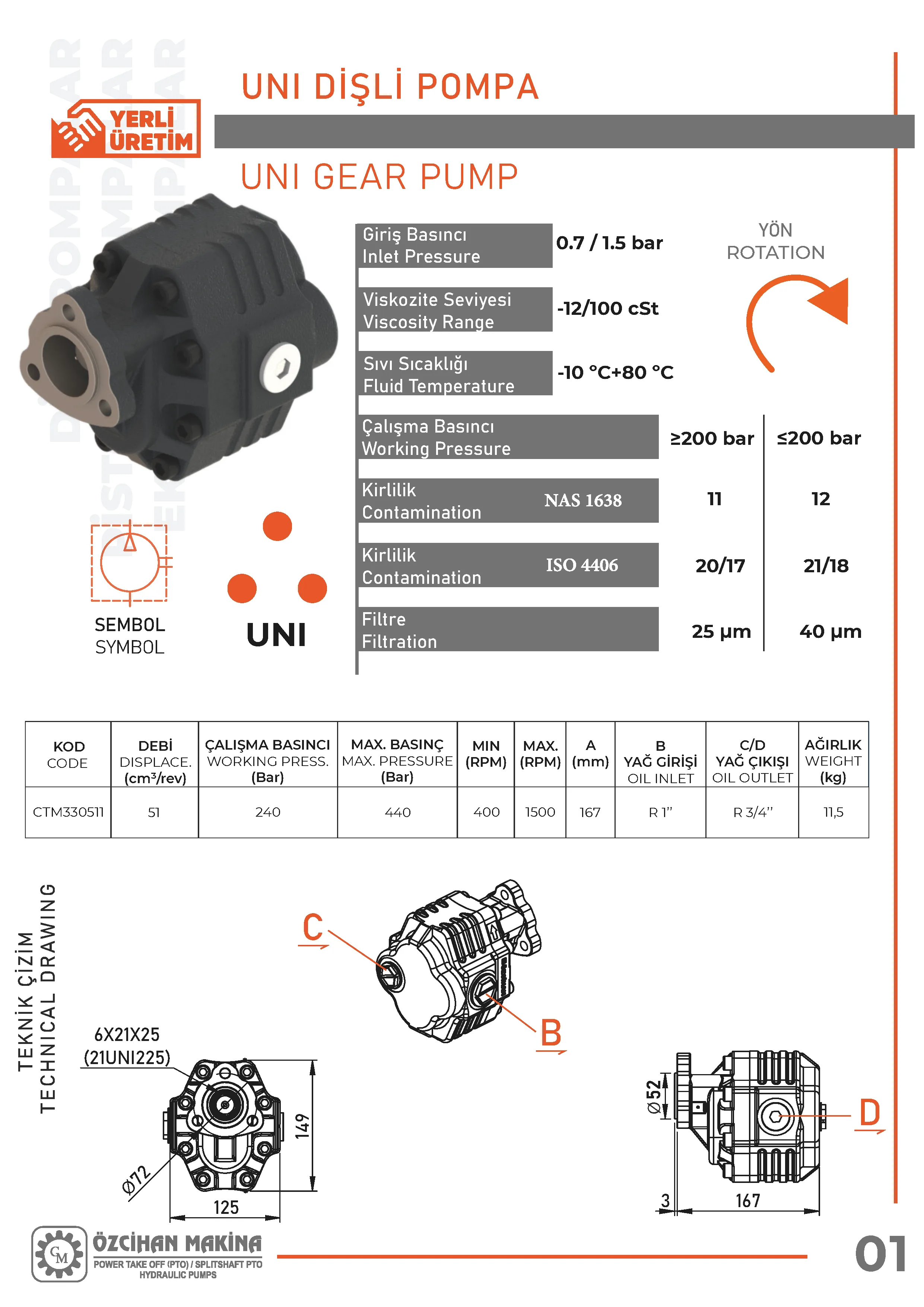 CTM330511 Döküm Gövde Dişli Pompa – 51 cm³/rev teknik çizimi — kesit, ölçü ve montaj şeması
