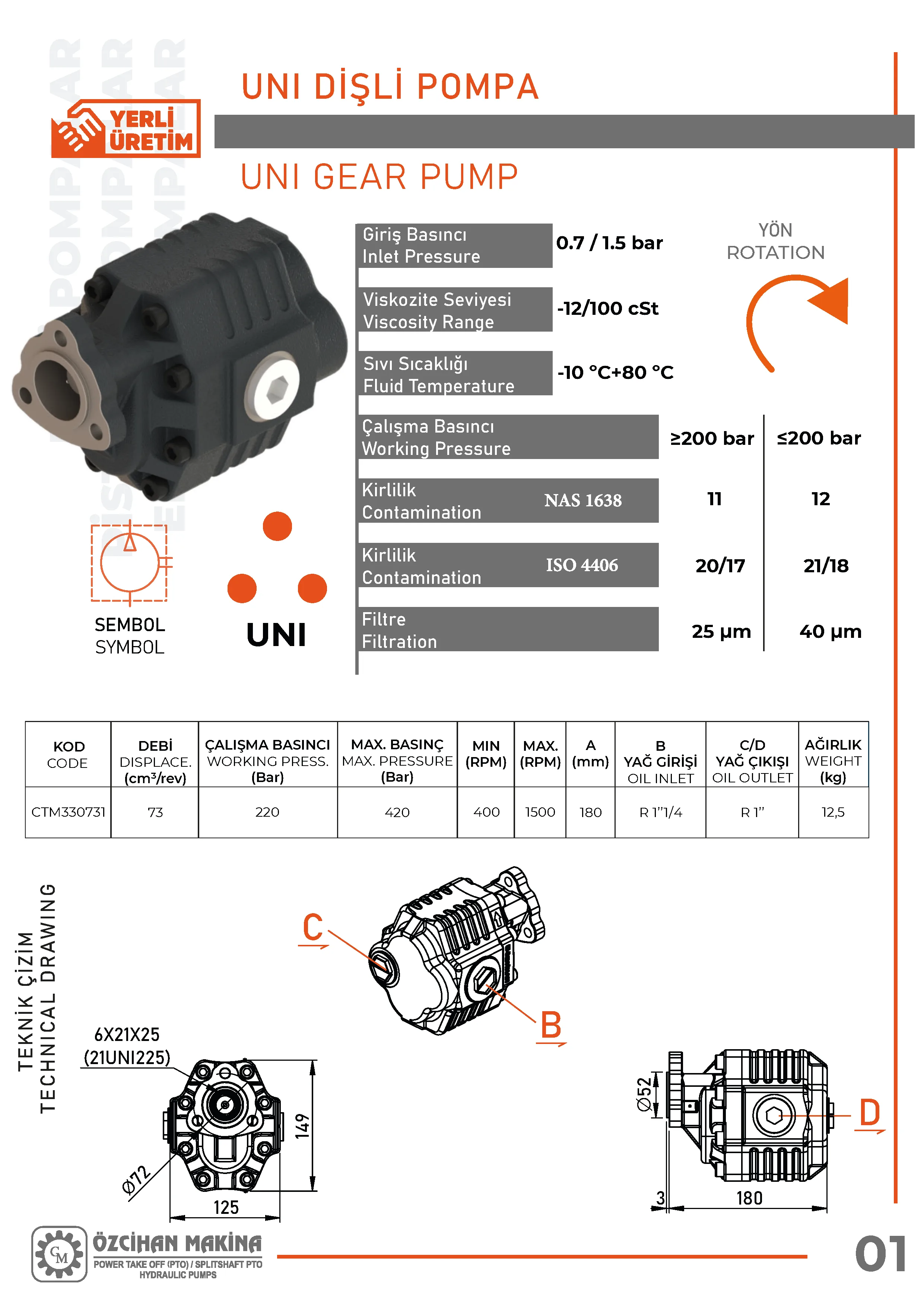 CTM330731 Döküm Gövde Dişli Pompa – 73 cm³/rev teknik çizimi — kesit, ölçü ve montaj şeması