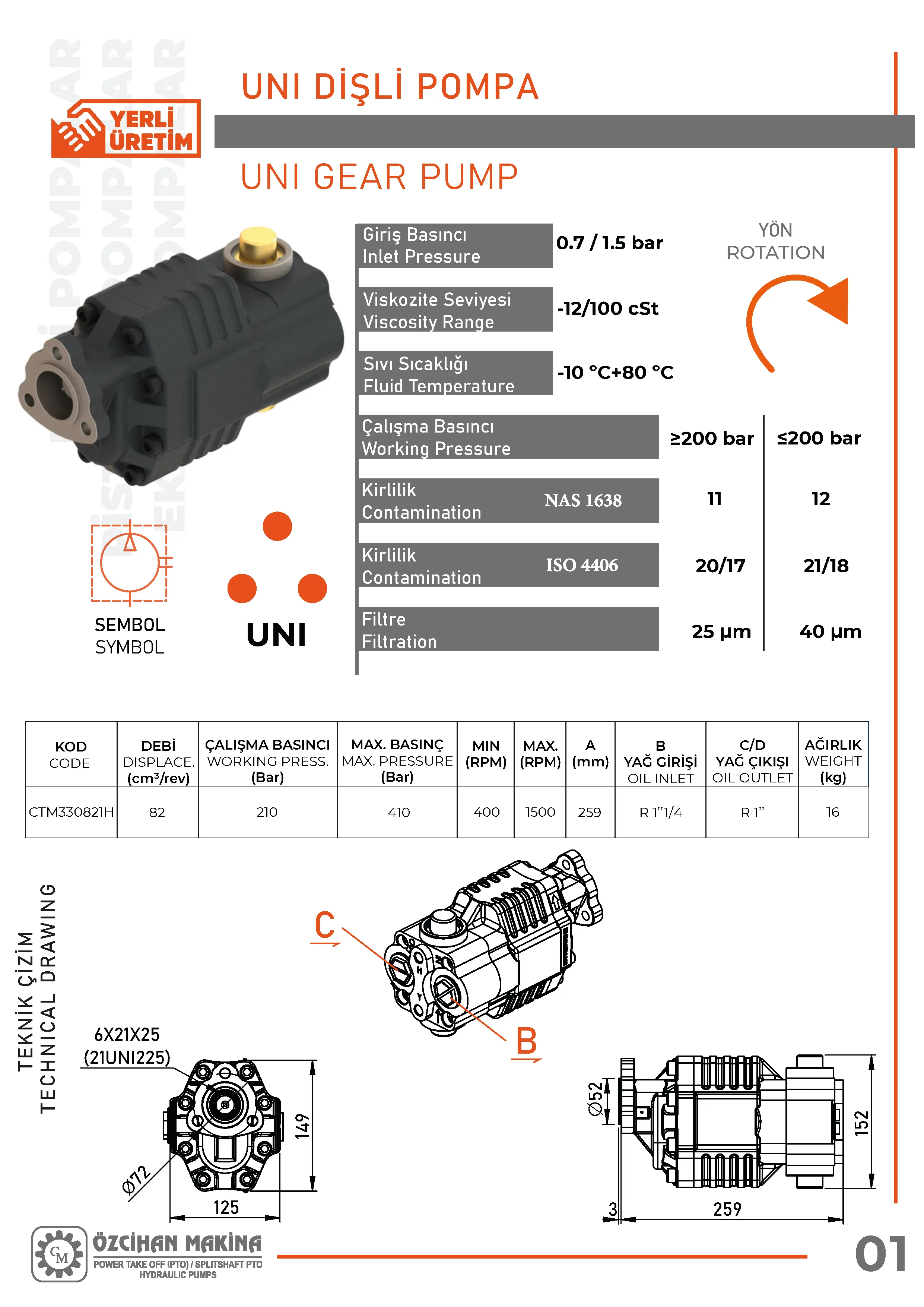 CTM330821H Döküm Gövde Dişli Pompa – 82 cm³/rev teknik çizimi — kesit, ölçü ve montaj şeması