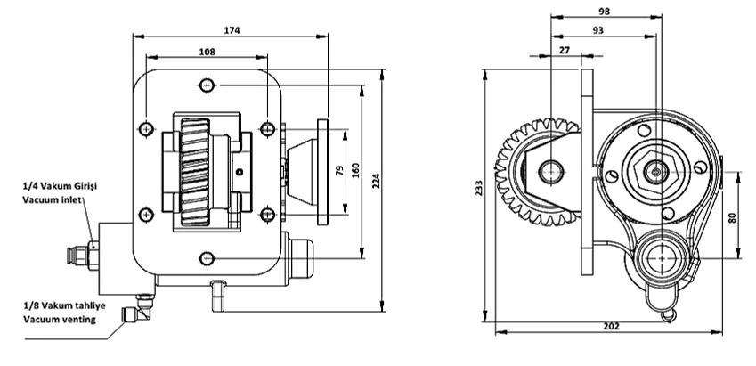 CTM 341 BD KV PTO teknik çizimi — kesit, ölçü ve montaj şeması