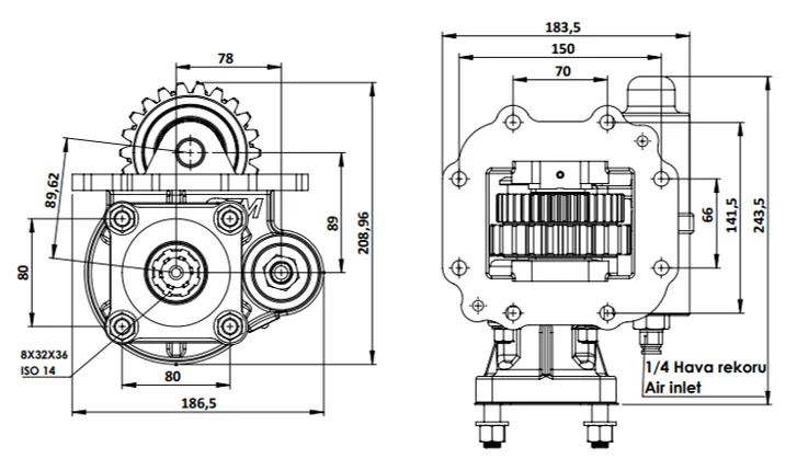 CTM 350 AC1 teknik çizimi — kesit, ölçü ve montaj şeması
