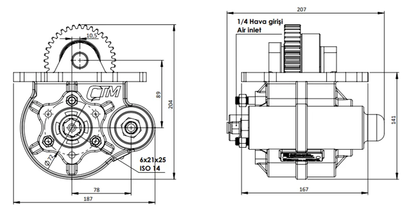 CTM 350 AC2 teknik çizimi — kesit, ölçü ve montaj şeması