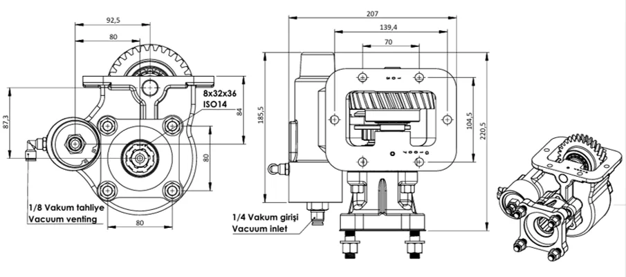 CTM 356 BC1 KV PTO teknik çizimi — kesit, ölçü ve montaj şeması