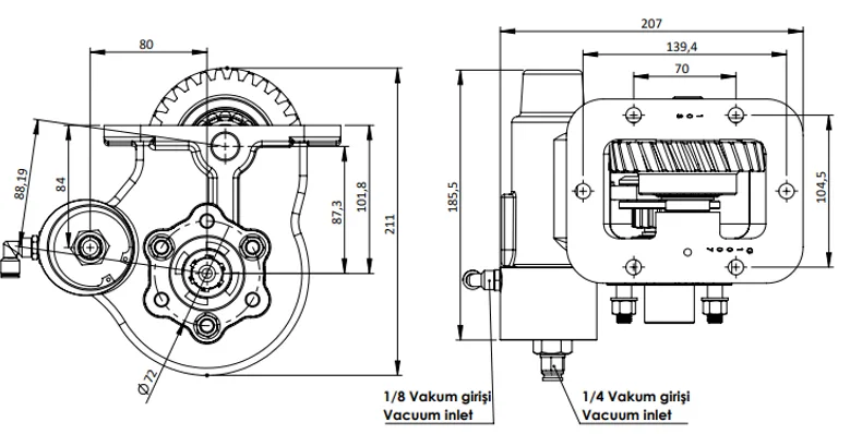 CTM 356 BC2 KV PTO teknik çizimi — kesit, ölçü ve montaj şeması