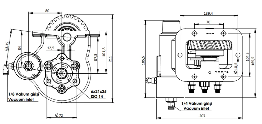 CTM 356 PTO teknik çizimi — kesit, ölçü ve montaj şeması
