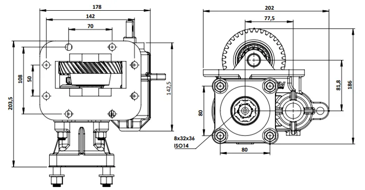 CTM 357 BC1 PTO teknik çizimi — kesit, ölçü ve montaj şeması