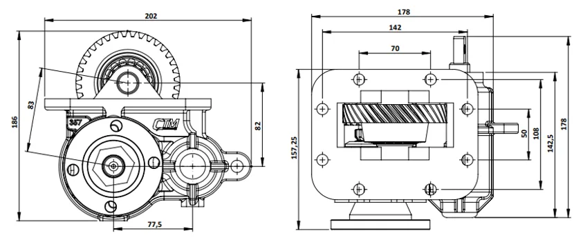 CTM 357 BD PTO teknik çizimi — kesit, ölçü ve montaj şeması