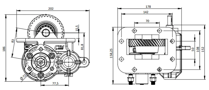 CTM 357 BE PTO teknik çizimi — kesit, ölçü ve montaj şeması