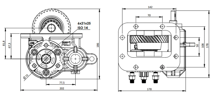 CTM 357 PTO teknik çizimi — kesit, ölçü ve montaj şeması