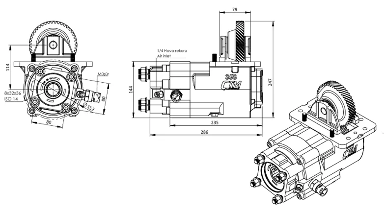 CTM 358 A1 PTO teknik çizimi — kesit, ölçü ve montaj şeması