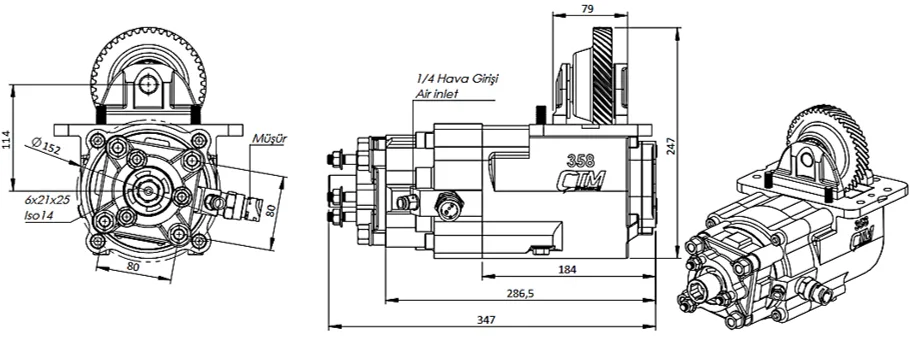 CTM 358 AC2 PTO teknik çizimi — kesit, ölçü ve montaj şeması