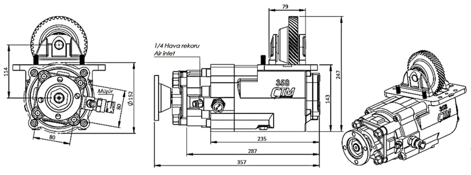 CTM 358 AD1 PTO teknik çizimi — kesit, ölçü ve montaj şeması