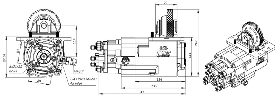 CTM 358 AE PTO teknik çizimi — kesit, ölçü ve montaj şeması