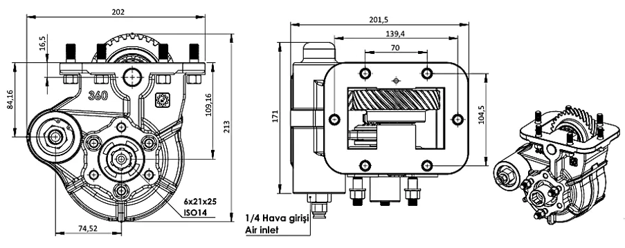 CTM 360 AC2 PTO teknik çizimi — kesit, ölçü ve montaj şeması