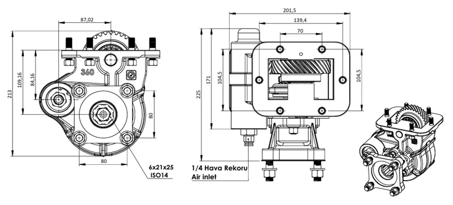 CTM 360 AC1 PTO teknik çizimi — kesit, ölçü ve montaj şeması