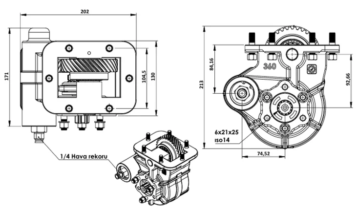 CTM 360 PTO teknik çizimi — kesit, ölçü ve montaj şeması