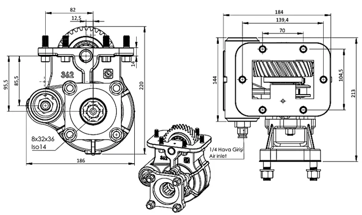 CTM 362 AC1 PTO teknik çizimi — kesit, ölçü ve montaj şeması