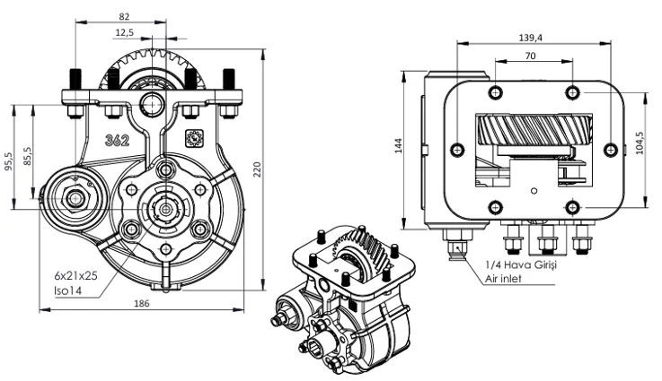 CTM 362 AC2 PTO teknik çizimi — kesit, ölçü ve montaj şeması