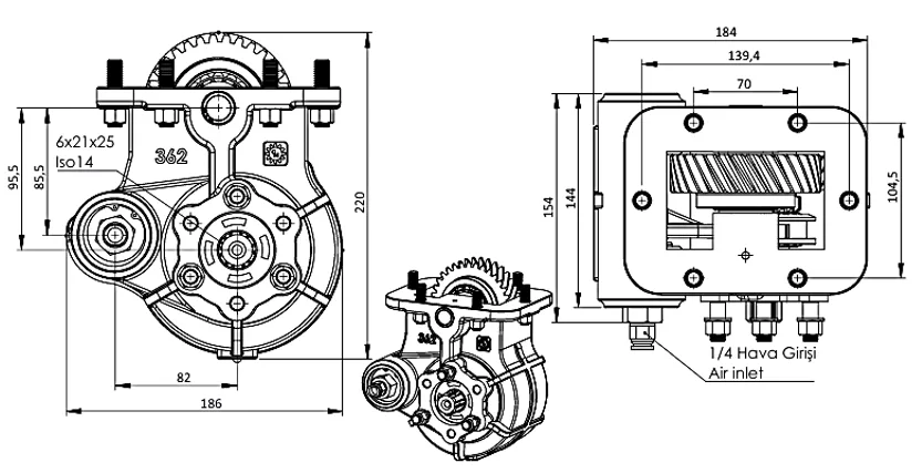 CTM 362 AE PTO teknik çizimi — kesit, ölçü ve montaj şeması
