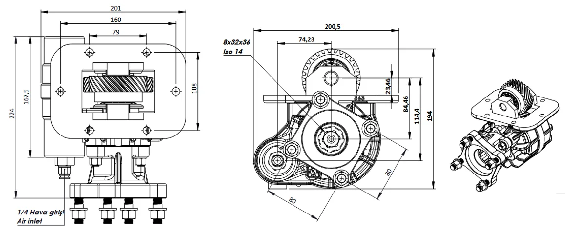 CTM 363 AC1 PTO teknik çizimi — kesit, ölçü ve montaj şeması