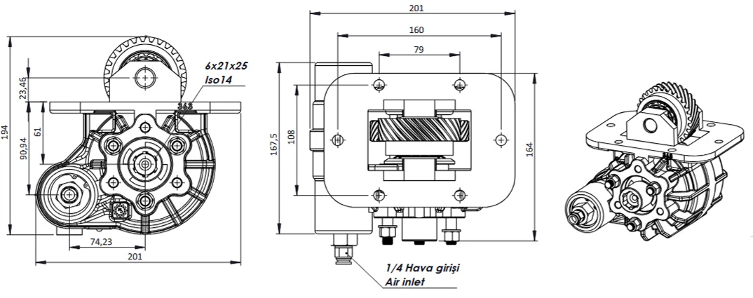 CTM 363 AC2 PTO teknik çizimi — kesit, ölçü ve montaj şeması