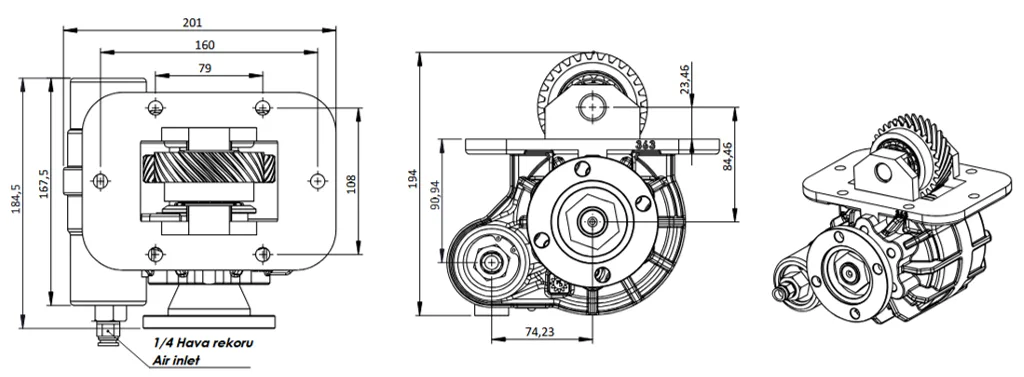 CTM 363 AD PTO teknik çizimi — kesit, ölçü ve montaj şeması