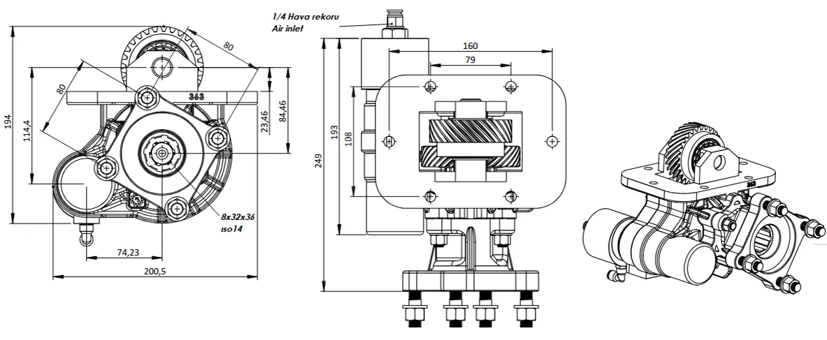 CTM 363 BC1 KV PTO teknik çizimi — kesit, ölçü ve montaj şeması