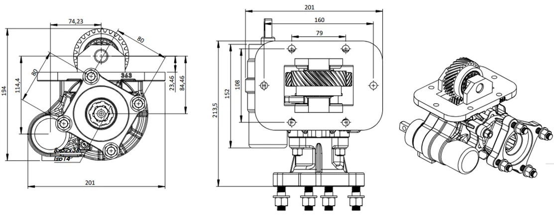 CTM 363 BC1 PTO teknik çizimi — kesit, ölçü ve montaj şeması