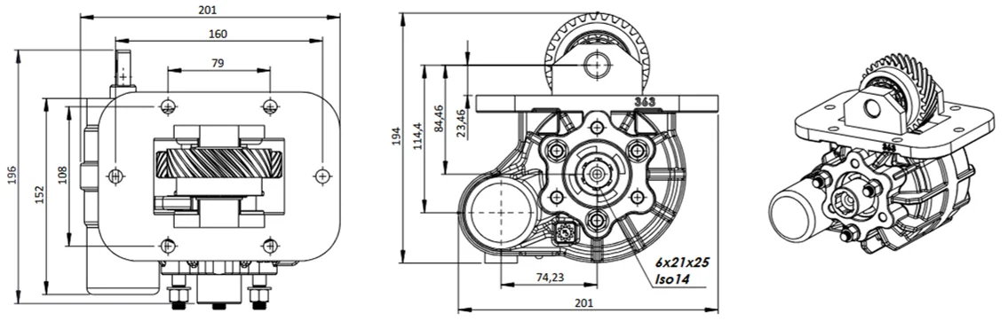 CTM 363 BC2 KV PTO teknik çizimi — kesit, ölçü ve montaj şeması