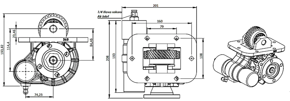 CTM 363 BD KV PTO teknik çizimi — kesit, ölçü ve montaj şeması