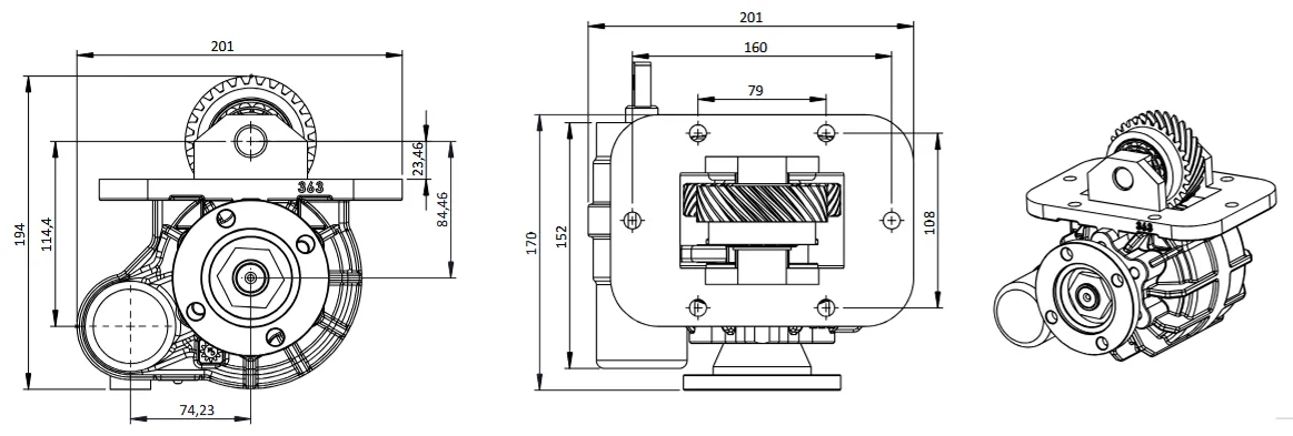 CTM 363 BD PTO teknik çizimi — kesit, ölçü ve montaj şeması