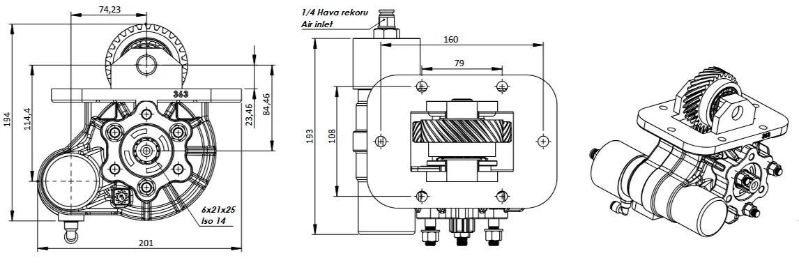 CTM 363 BE KV PTO teknik çizimi — kesit, ölçü ve montaj şeması
