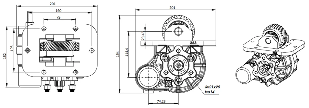 CTM 363 BE PTO teknik çizimi — kesit, ölçü ve montaj şeması