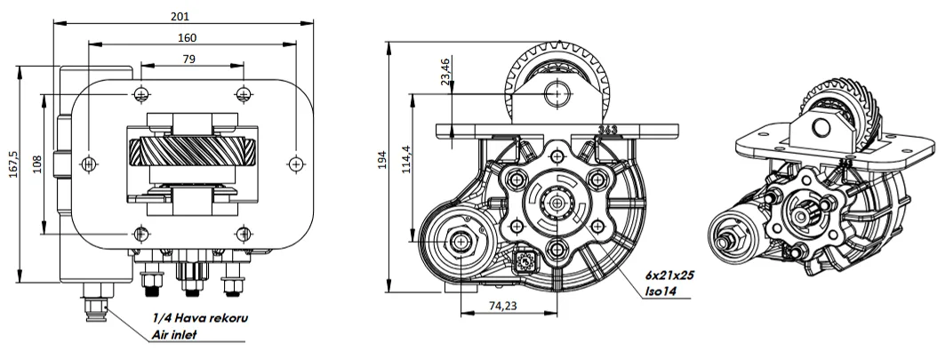 CTM 363 PTO teknik çizimi — kesit, ölçü ve montaj şeması